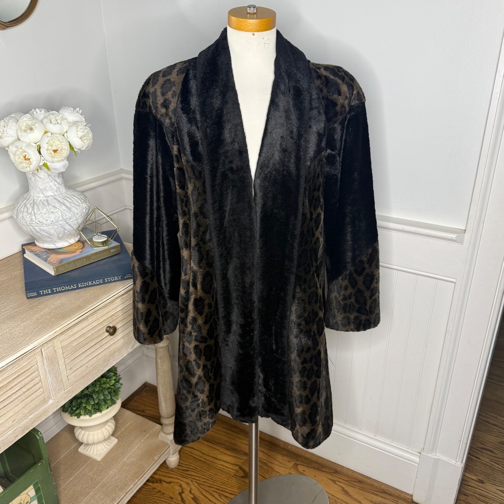 Cache Vintage Faux Fur Leopard Print Coat Black Brown Shawl Collar Mid-Length